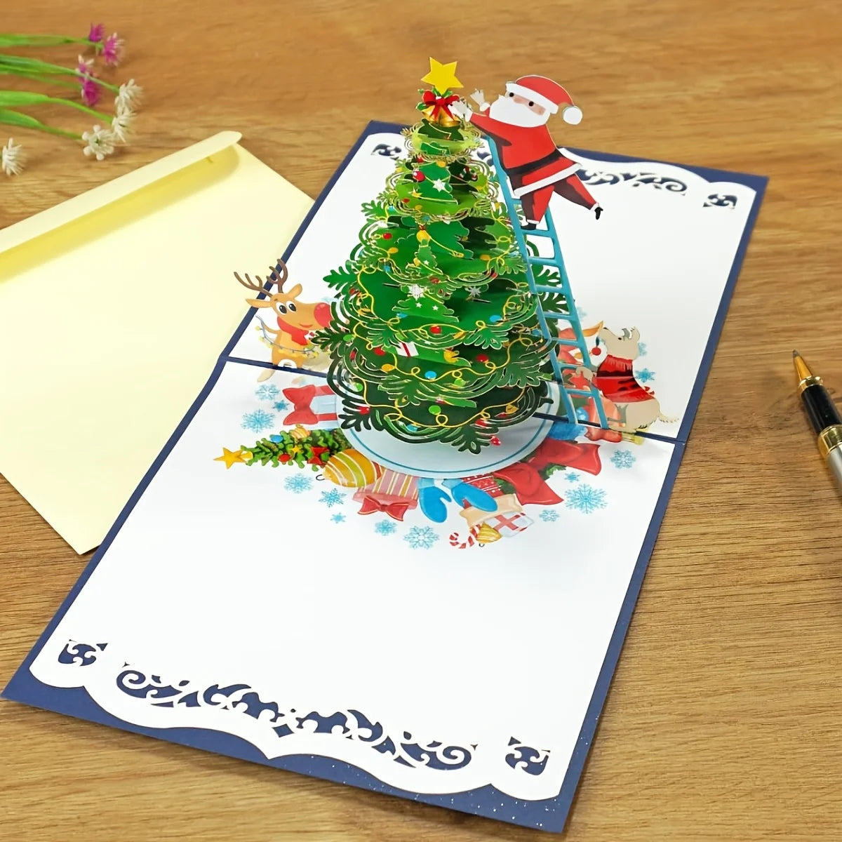 Santa Climbing the Christmas Tree Card PC010
