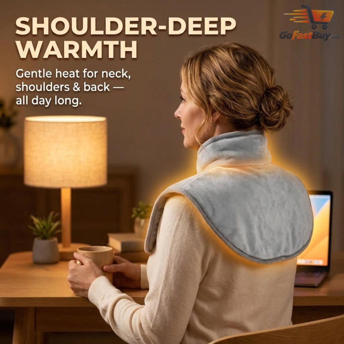 Rear view of neck and shoulder coverage; heat overlay is illustrative.